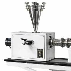 Ai 2L Air-Tight Volumetric Powder Feeder, stainless cone hopper on white drive housing with bellows outlet