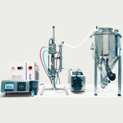 SonoMechanics ISP-3600 Ultrasonic Processor, generator, chiller, flow cell on stand, pump and stainless tank