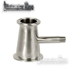 Tri-Clamp Reducer with 1/4" MNPT, stainless cone reducer with threaded side port, white background
