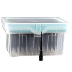 NEST Tecan Robotic Tips, Conductive, Boxed, black pipette tips in a clear lidded rack box, one tip in front