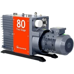 Edwards E2M80 57 CFM Dual-Stage Vacuum Pump, grey pump with orange front panel and motor on base rails