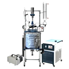 Ai 20L Glass Reactor w/ Chiller & Welch Pump, jacketed vessel on frame with chiller at right and pump at left