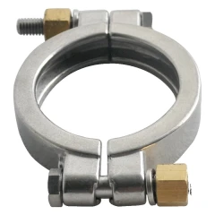 2" High Pressure Tri-Clamp Clamp, stainless two-piece clamp with bolts and brass nuts, angled view