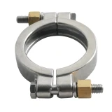 2" High Pressure Tri-Clamp Clamp, stainless two-piece clamp with bolts and brass nuts, angled view