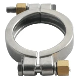 2" High Pressure Tri-Clamp Clamp, stainless two-piece clamp with bolts and brass nuts, angled view
