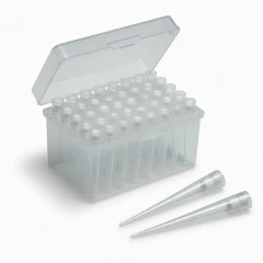 Ai Filtered Pipette Tips, clear tips with white filters in a hinged rack, representative image