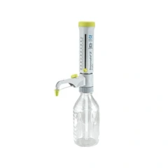 Dispensette S Organic Analog Dispenser, grey and yellow bottletop dispenser with spout on a clear glass bottle