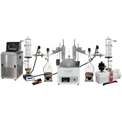 Ai 10L Short Path Turnkey Package, glassware on heating mantle with flasks, cold traps, chiller and vacuum pump