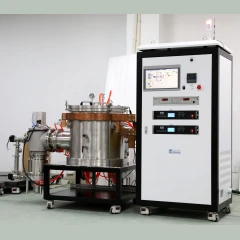 Vacuum Tungsten Sintering Furnace, 2100C, stainless chamber on a cart beside a white control cabinet