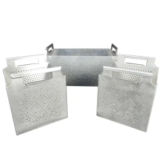 Lab Armor Peltier Bead Baskets, three perforated aluminium baskets with cut-out handles, white background