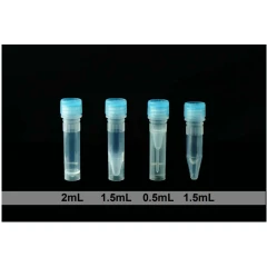 NEST Sample Vials, Hinged Cap, External Thread, four clear vials with blue caps, black background