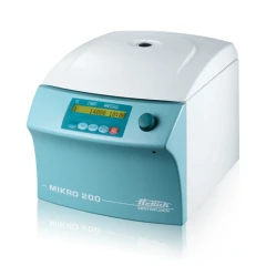 Hettich MIKRO 200 Centrifuge, 20 Cryo Tubes, white and teal benchtop centrifuge with closed lid, display and knob