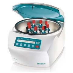 Hettich EBA 280 Swing-Out Centrifuge 6000 RPM, lid open showing rotor loaded with red-capped tubes