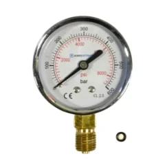 Pressure Gauge for MP24, MP40, EP40 Presses, round dial gauge with chrome bezel, brass threaded stem and small seal