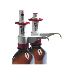 BrandTech piccolo Bottletop Dispenser, two white and red dispensers with spouts on amber glass bottles