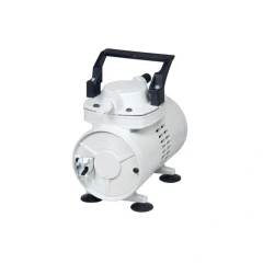 Welch 2019 1.3 CFM Filtration Diaphragm Pump, white compact pump with black carry handle and rubber feet
