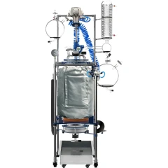 Ai 100L Jacketed Glass Reactor with Air Motor, large covered vessel on frame with blue hoses and condenser