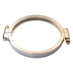 8" High Pressure Tri-Clamp Clamp, wide stainless ring clamp with bolts and brass nuts, angled view