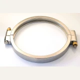 8" High Pressure Tri-Clamp Clamp, wide stainless ring clamp with bolts and brass nuts, angled view
