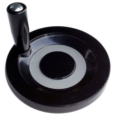 Pellet Press Top Turnplate with Handle, black handwheel with grey ring and upright grip, white background