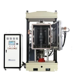 Vacuum Hot Press Furnace, Graphite Heating, press frame with open chamber door and a separate control cabinet