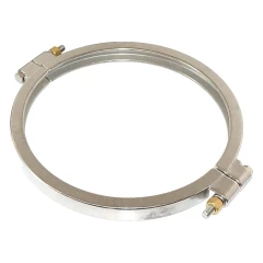 10" High Pressure Tri-Clamp Clamp, large stainless ring clamp with bolts and brass nuts, lying flat