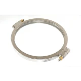 10" High Pressure Tri-Clamp Clamp, large stainless ring clamp with bolts and brass nuts, lying flat