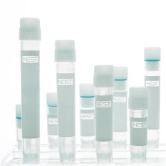 NEST Cryogenic Vials, Racked, clear vials with white caps and colour bands in several heights in a rack
