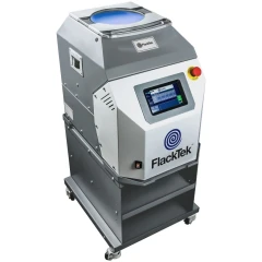 FlackTek 1200-500 Centrifugal Mixer, grey and white floor unit with touchscreen, stop button and shelf, on casters