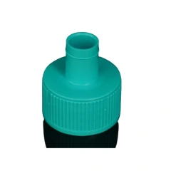 NEST BioFactory Adaptors and Overcaps, teal ribbed screw cap with tube connector, dark background