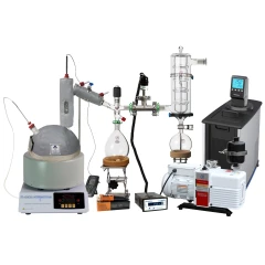 Ai Clear5w 5L Short Path Turnkey Package, glassware on heating mantle with flasks, cold trap, chiller and pump