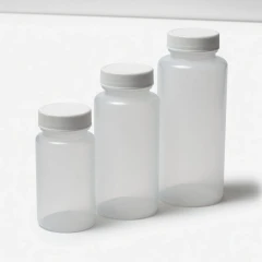Ai Centrifuge Bottles, three translucent wide-mouth bottles with white screw caps, representative image