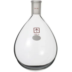 Ai 24/40 1000mL Oval Round Bottom Flask, clear pear-shaped glass flask with ground joint neck, white background