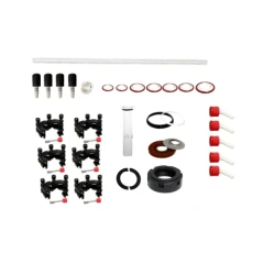 Ai SE13 SolventVap Service Kit, spread of seals, O-rings, clips, caps, hose connectors and a glass part