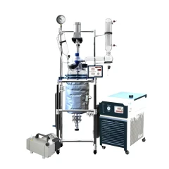 Ai 10L Glass Reactor with Chiller & Pump, covered vessel on frame with condenser, chiller and compact pump