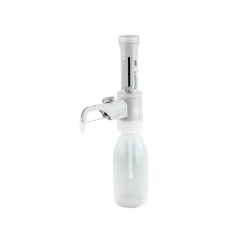 BrandTech Dispensette S Trace Analysis Dispenser, light grey dispenser with spout on a translucent plastic bottle