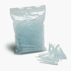Ai Universal Pipette Tips, bagged, resealable bag of clear tips with loose tips beside it, representative image