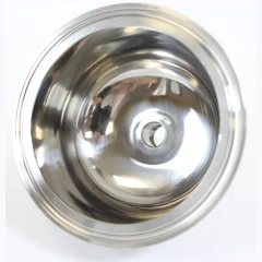 Hemispherical Tri-Clamp Reducer 2" to 8", polished stainless steel bowl with centre outlet, top view