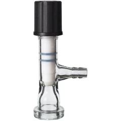 Ai Rotovap Glass Vacuum Port with PTFE Valve, clear glass body with side hose barb and black cap on top