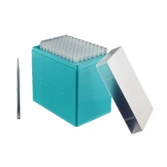 NEST Robotic Tips for Beckman, clear tips racked in a teal box with lid off and a single tip beside it