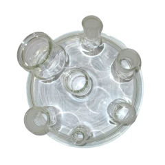 Ai Reactor Lid, 340mm OD with 7 Ports, clear glass lid seen from above with seven necks of different sizes