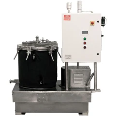 C1D1 Labs C1D2 30 Gallon Centrifuge System, black-wrapped drum with clamped lid on stainless base, control cabinet