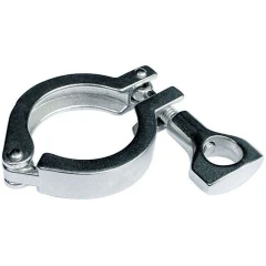 Ai 1.5" 304 SST Single Pin Tri-Clamp, polished stainless hinged clamp with wing nut, white background