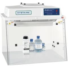 MY-ISO5 24" Vertical Laminar Flow Workstation, white hood over a clear acrylic enclosure with bottles inside