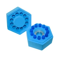 NEST Cell Cooling Box, -1°C per Minute, open blue hexagonal box and lid with a ring of blue-capped vials