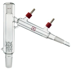 Ai C5 Short Path Distillation Head, Straight, clear glass head with side condenser and red-capped hose barbs