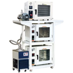 Ai 3-Oven Vacuum Package, Cart, Trap & Pump, three vacuum ovens on a white cart with pump and cold trap