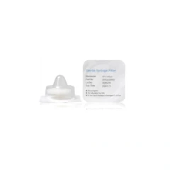 NEST Syringe Filters, clear filter housing beside its sealed sterile pouch, white background