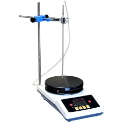 Ai HP7 7" PID Hot Plate Stirrer, 1 Gallon, black round plate on white base with support rods, clamp and probe