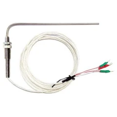 Ai SolventVap Bent PT100 Bath Thermocouple, bent stainless probe with coiled braided cable and wire leads